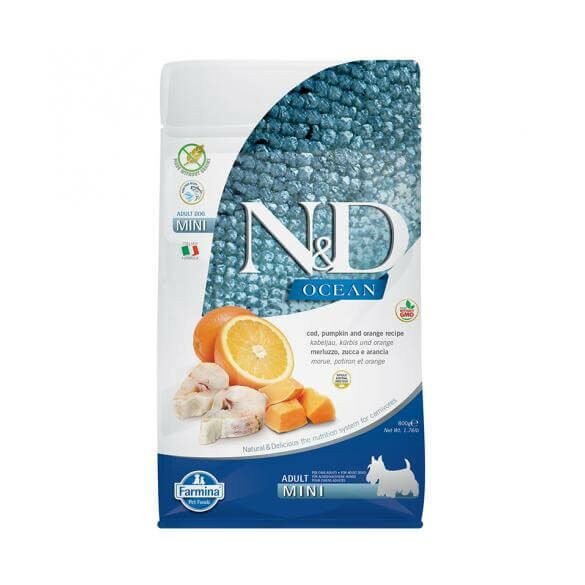 N&D Ocean Dog tőkehal, sütőtök&narancs Adult mini 800g