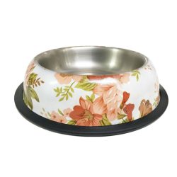   Tál Fém Etető Gumi Peremmel, Színes Virágos Mintával, 0,9l / 18cm